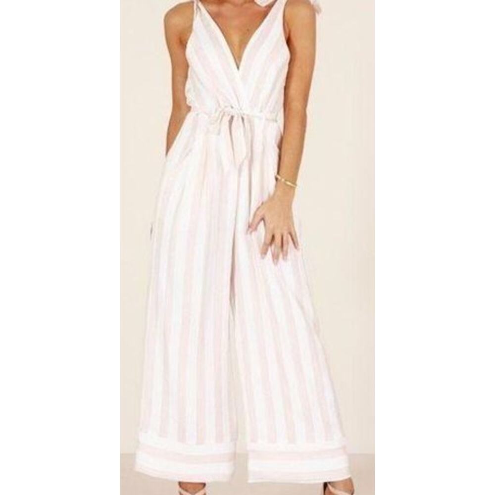 ShowPo Size 8 Vertical Stripe Neutral Tie Shoulder‎ Adjustable Jumpsuit